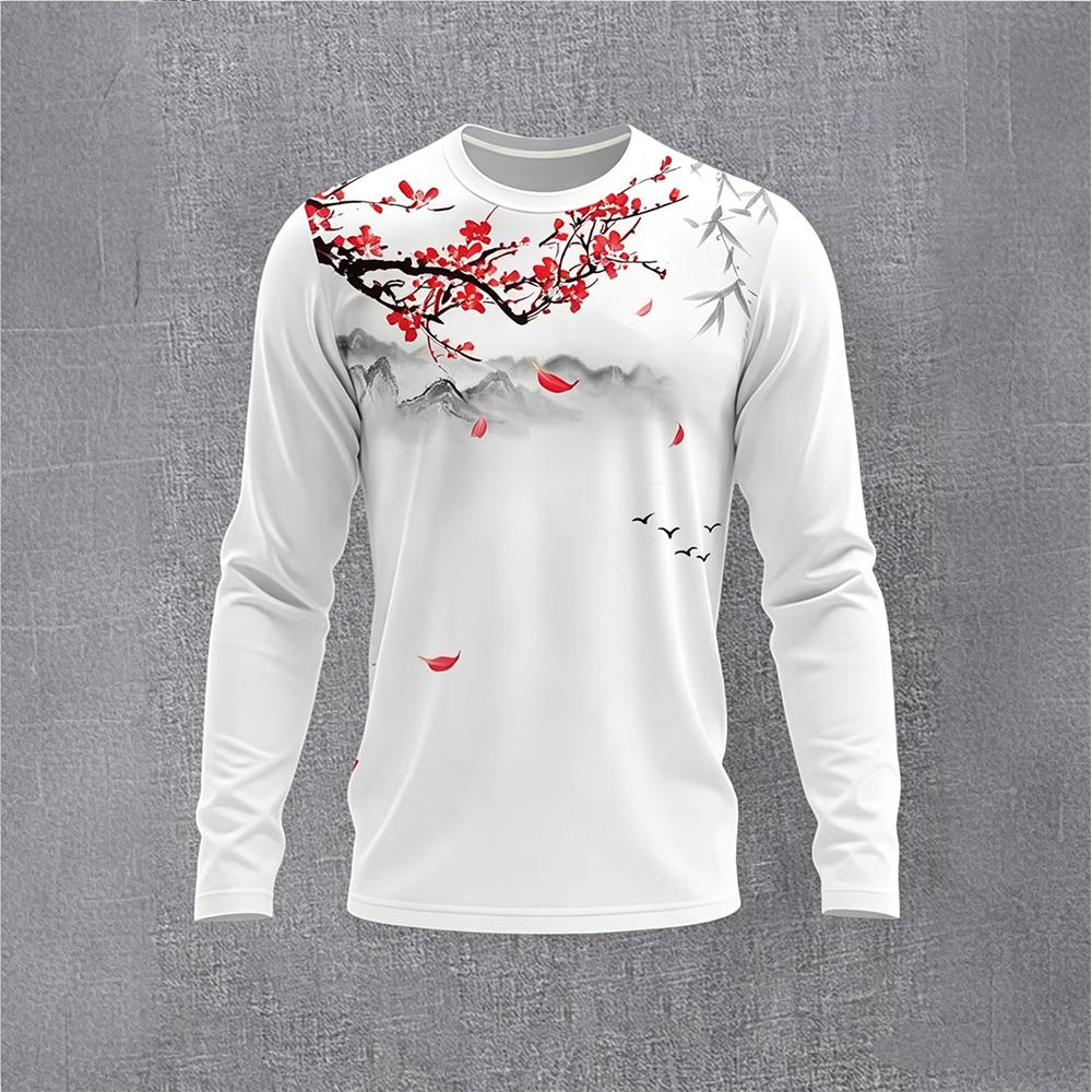 Base Layer Top - 중국 스타일 잉크 매화 긴팔 티셔츠